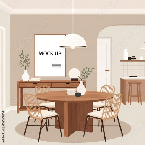 Cozy Dining: An inviting, minimalist dining area. Featuring a warm wooden table surrounded by comfortable chairs and a framed mock-up artwork adding a touch of personalization.