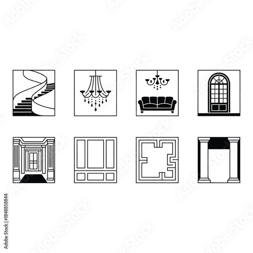 Collection of black and white interior design icons