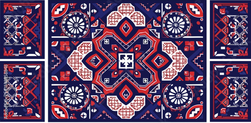 WebIntricate traditional oriental rug pattern design featuring bold blue red and white geometric symmetry