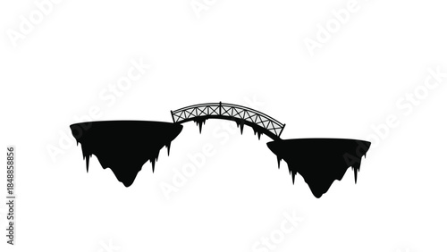 Whimsical fantasy bridge connecting two dark, floating islands against a bright white background.