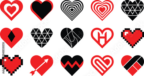 Diverse heart symbol collection with various modern red and black designs on a white background