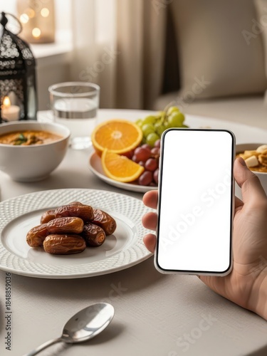 Hand Holding Smartphone Near Healthy Breakfast Table Setting for UI Mockup and Social Media Marketing