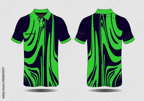 Vibrant Green and Black Polo Shirt Design with Abstract Swirl Patterns