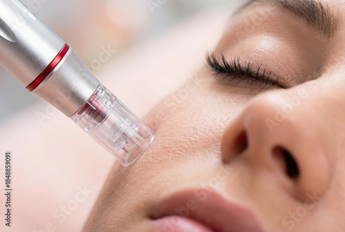 Close-up of a woman receiving a facial microneedling treatment with a cosmetic skin needling pen