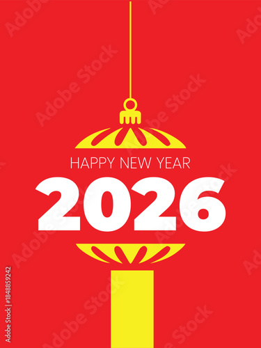 Happy new year 2026 simple design poster hanging art on red background