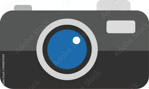 Minimalist Camera Icon. Simple Flat Design Illustration with Blue Lens for Photography, Digital Media, Web and App Interface Concepts.