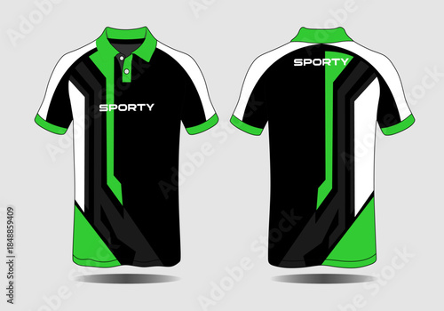 Sporty Black and Green Polo Shirt Design with Bold Stripes and Collar Style