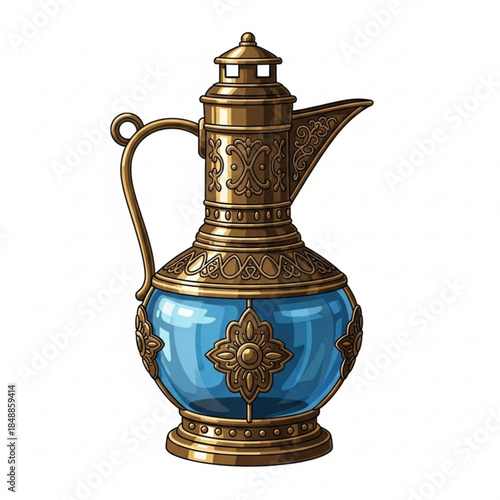 Elegant Pitcher: A detailed illustration of an ornate, vintage-style pitcher with intricate detailing. The pitcher features a blue glass base, with golden detailing. Evoking a sense of history.