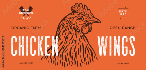 Label, sticker, tag. Chicken, farm hen sketch. Hand drawn sketch. Meat tag, food label template. Vintage retro print, black white rooster chicken, hen drawing. Vector Illustration