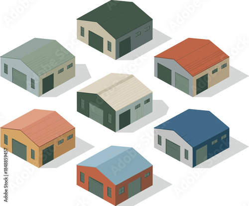 Set of Isometric Industrial Warehouse Buildings and Garages in Different Colors