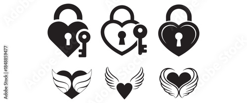A collection of black and white vector images depicting hearts padlocks keys and winged heart symbols