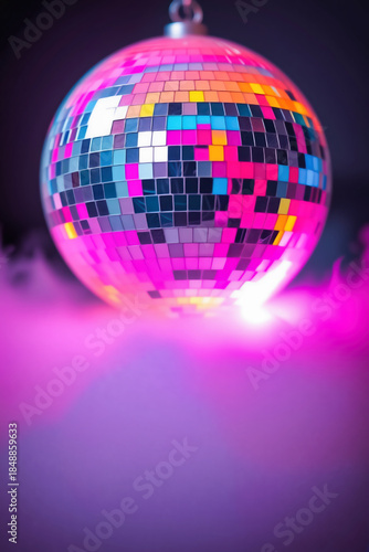 Neon Disco Ball Close Up With Colorful Mosaic Reflections and Bokeh