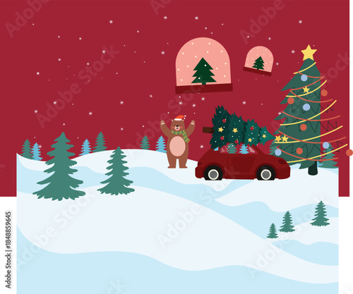 Red Illustration Christmas Presentation santa, snow, winter, santa claus, tree, holiday, gift, xmas, cartoon, illustration, snowman, card, vector, celebration, new, hat, new year, december, year, gree
