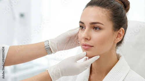 Professional dermatologist examining young woman's face skin in beauty clinic before aesthetic treatment or plastic surgery consultation
