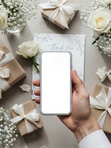 Hand Holding Smartphone Near Wedding Gifts and Flowers for UI Mockup and Social Media Marketing