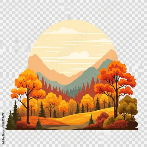 Autumnal Vista: An illustration of a picturesque landscape awash in the warm hues of autumn, capturing the beauty of nature's seasonal transition. 