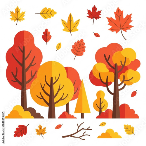 Autumnal Abundance: A vibrant collection of stylized autumn trees and scattered fallen leaves, showcasing the beauty of the season.