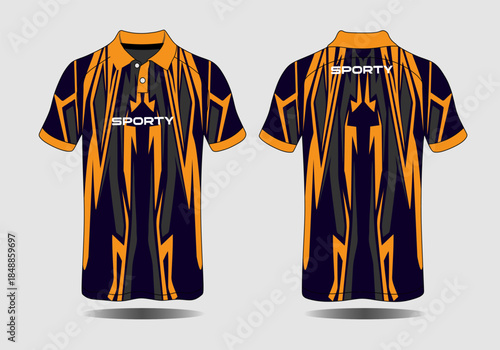 Stylish sporty shirt design in orange and black with modern patterns and texture