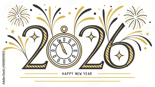 Festive 2026 gold number logo with fireworks accents, isolated without background for modern New Year celebration vector designs.