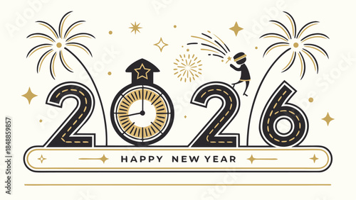 Black 2026 New Year number styled as fireworks logo, isolated on transparent background in elegant festive vector illustration format.