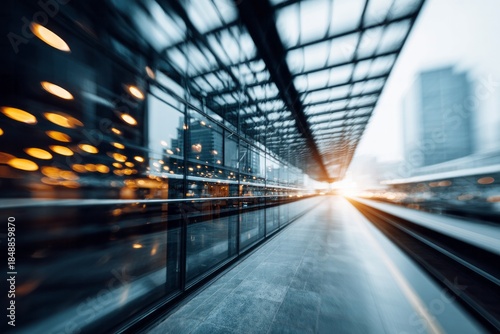 Modern transportation hub shows motion blur streaking toward a bright distant light source.