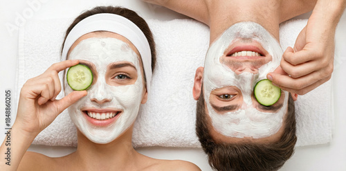 Happy young couple enjoying home spa treatment, lying down with white clay face masks and holding fresh cucumber slices over their eyes