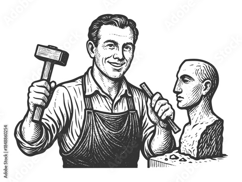 sculptor holding hammer and chisel beside a carved bust, symbolizing craftsmanship, sculpture, sketch engraving generative ai fictional character vector illustration. Scratch board. Black and white.