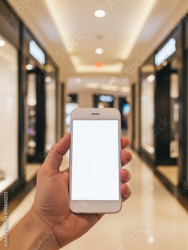 Hand Holding Smartphone in Shopping Mall Corridor for UI Mockup and Social Media Marketing