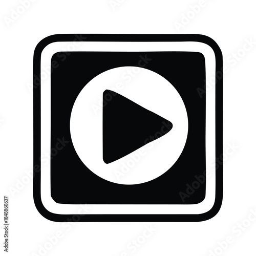 Minimalist square play button icon in high contrast black and white, representing the universal symbol for starting media content, ideal for user interfaces and digital applications