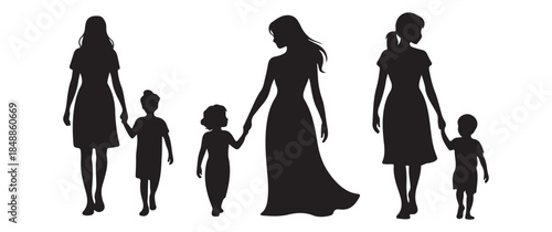 A silhouette of a family holding hands featuring two adults and four children displaying a loving connection