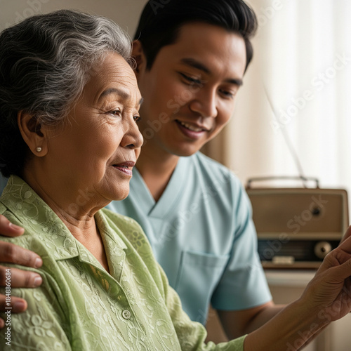 Wallpaper Mural A heartwarming portrait capturing compassionate care and devoted companionship for a smiling senior Asian woman from her attentive young caregiver, promoting well-being Torontodigital.ca