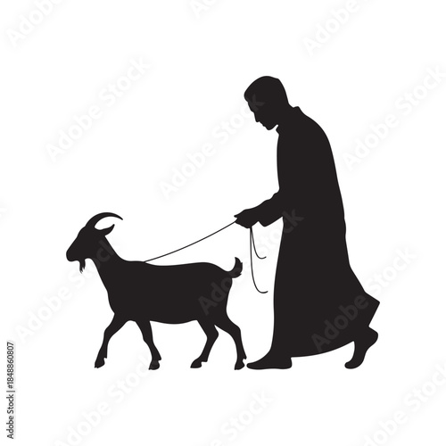a silhouetted depiction showcasing a man leading a goat with a rope on a plain white background