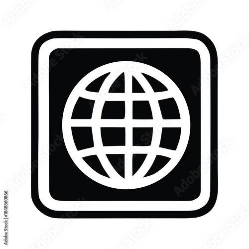A minimalist black and white icon representing a stylized globe within a square border, symbolizing global connection and the internet