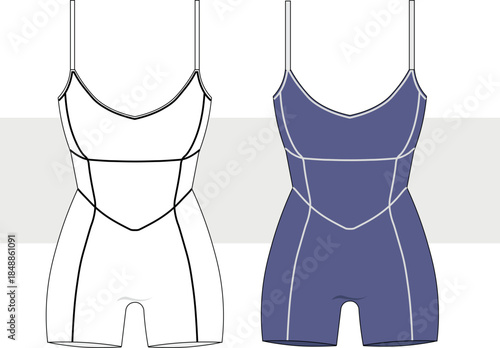 Women sports sleeveless Bodysuit shorts activewear design flat sketch fashion Illustration. Body con jumpsuit vector. Swimsuit, sportswear technical drawing. CAD, Mockup.