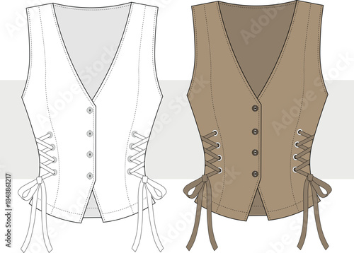 Women's buttoned, side tie vest drawing, illustration. Vest fashion design, vector. CAD, Mockup.