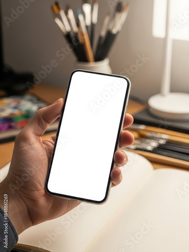 Hand Holding Smartphone in Art Studio with Brushes for UI Mockup and Social Media Marketing