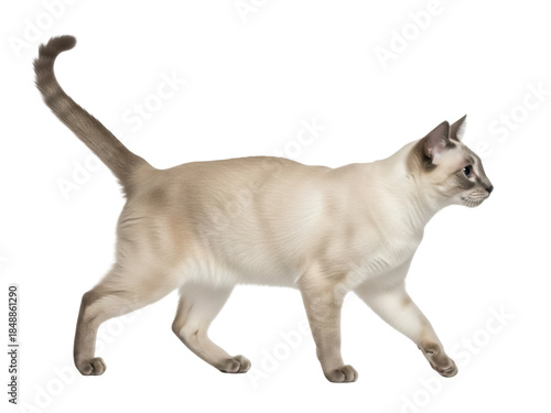 Schilderij op canvas Isolated walking Tonkinese cat, Siamese mixed breed, showing off distinctive coa