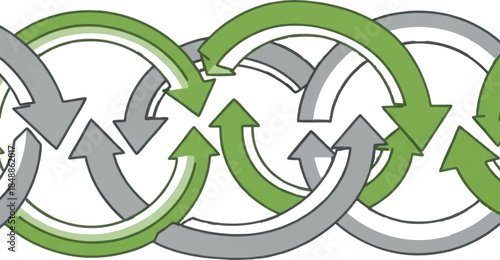 Intertwined Green and Gray Arrows Forming a Continuous Cyclical Process Loop, Representing Sustainability, Workflow, Connection, and System Flow
