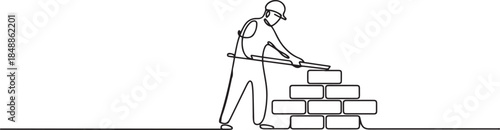 One continuous line drawing of site worker are doing masonry work in building project vector illustration. one line Art icon drawing