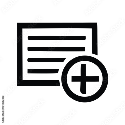 Icon of a document with lines and a plus sign in a circle, representing adding a new document or item, ideal for interfaces and applications