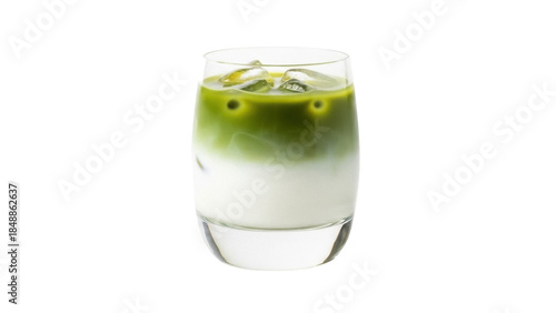 Isolated matcha latte with ice in a clear glass, a delicious and refreshing summertime drink
