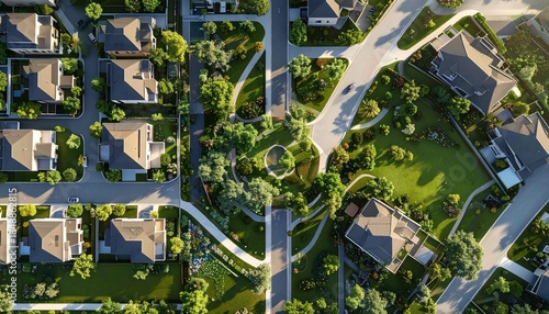 Fototapeta Naklejka Na Ścianę i Meble -   The neighborhood features modern homes with gray roofs, winding paved streets, and expansive lush green spaces, including a central park with a small pond. Trees and landscape l