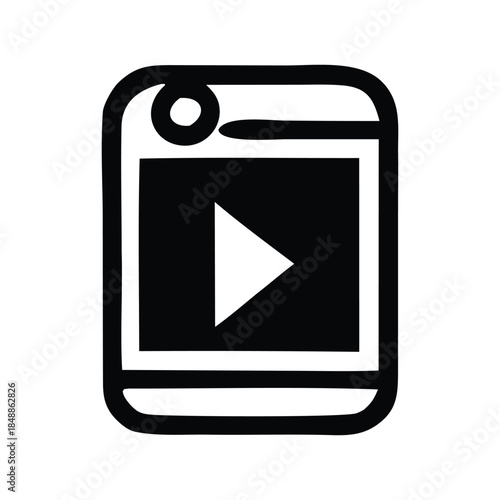 Hand-drawn mobile device icon featuring a video play button, symbolizing digital media playback, online streaming, and multimedia content access on a tablet or smartphone screen