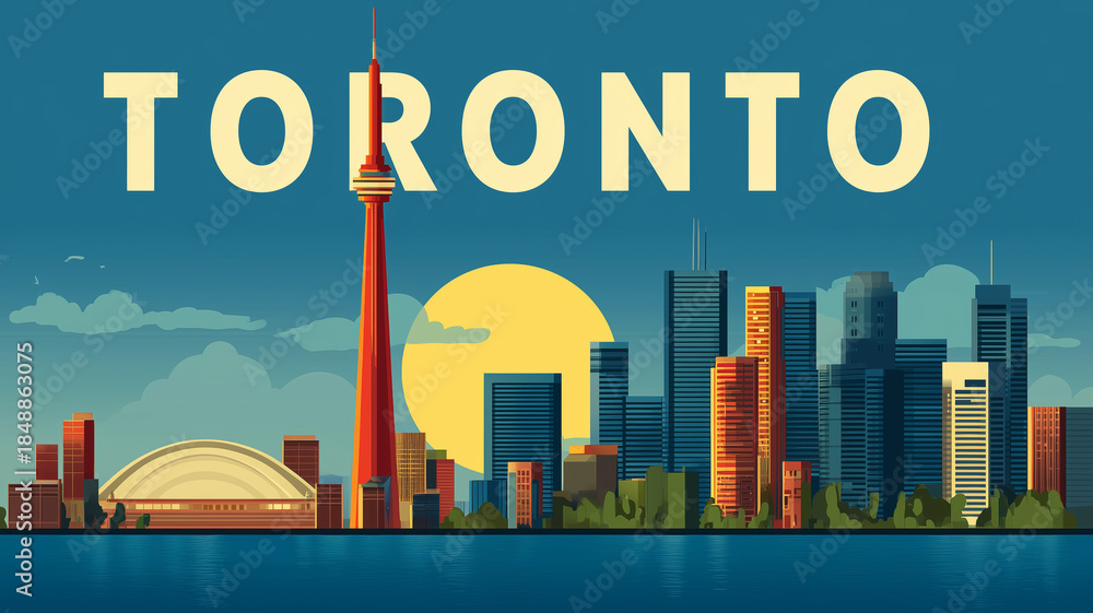 Naklejka premium Discover the vibrant skyline of Toronto bathed in golden sunshine at dusk