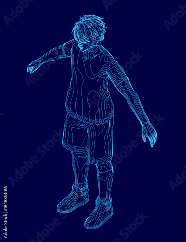 A distressed man with outstretched arms and disheveled hair is depicted in a blue line drawing. He wears tattered clothing and contour-style headphones against a dark background.