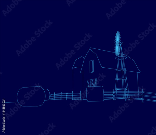 A blue farm barn stands before a windmill, surrounded by a wooden fence and hay bales under a deep blue sky.