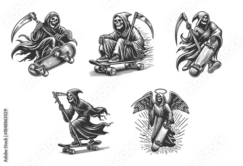 darkly humorous Grim Reaper riding skateboards with scythes Set collection bundle sketch engraving generative ai vector illustration. Scratch board imitation. Black and white image.