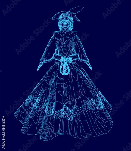 A determined woman in a detailed blue dress and hat stands against a dark blue background, her hair in a bun.