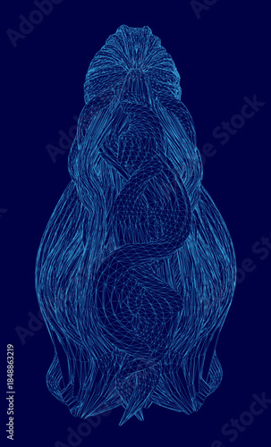 A woman with long hair sits on a vibrant blue background, wearing a blue dress with her eyes closed. Her hands are clasped and her hair cascades down her back in a wireframe style.