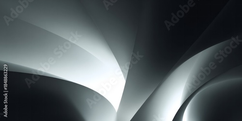 Abstract monochromatic background featuring glowing curved geometric surfaces in dark space